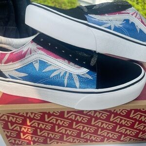 Vans Black and Blue Sneakers with Pink Floral Design